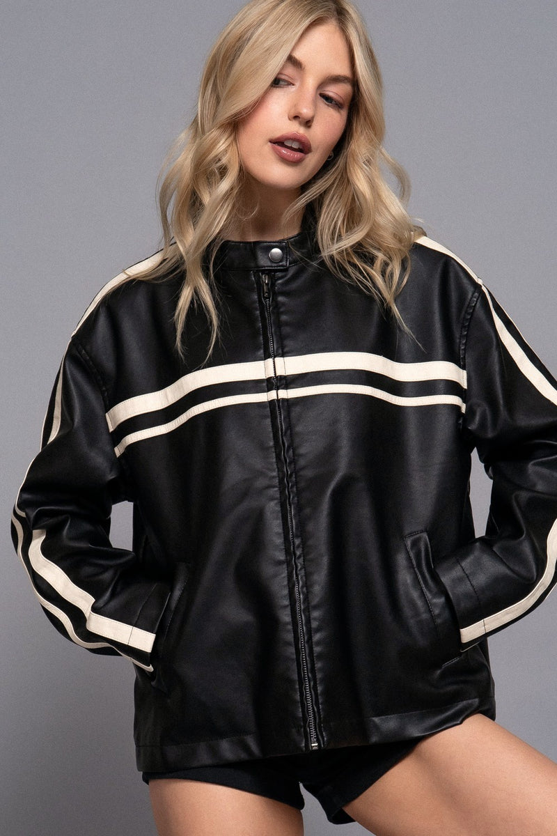 Washed Effect Faux Leather Jacket