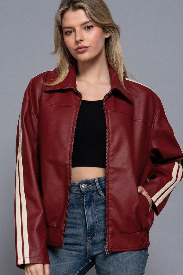 Racer Stripe Faux Leather Jacket