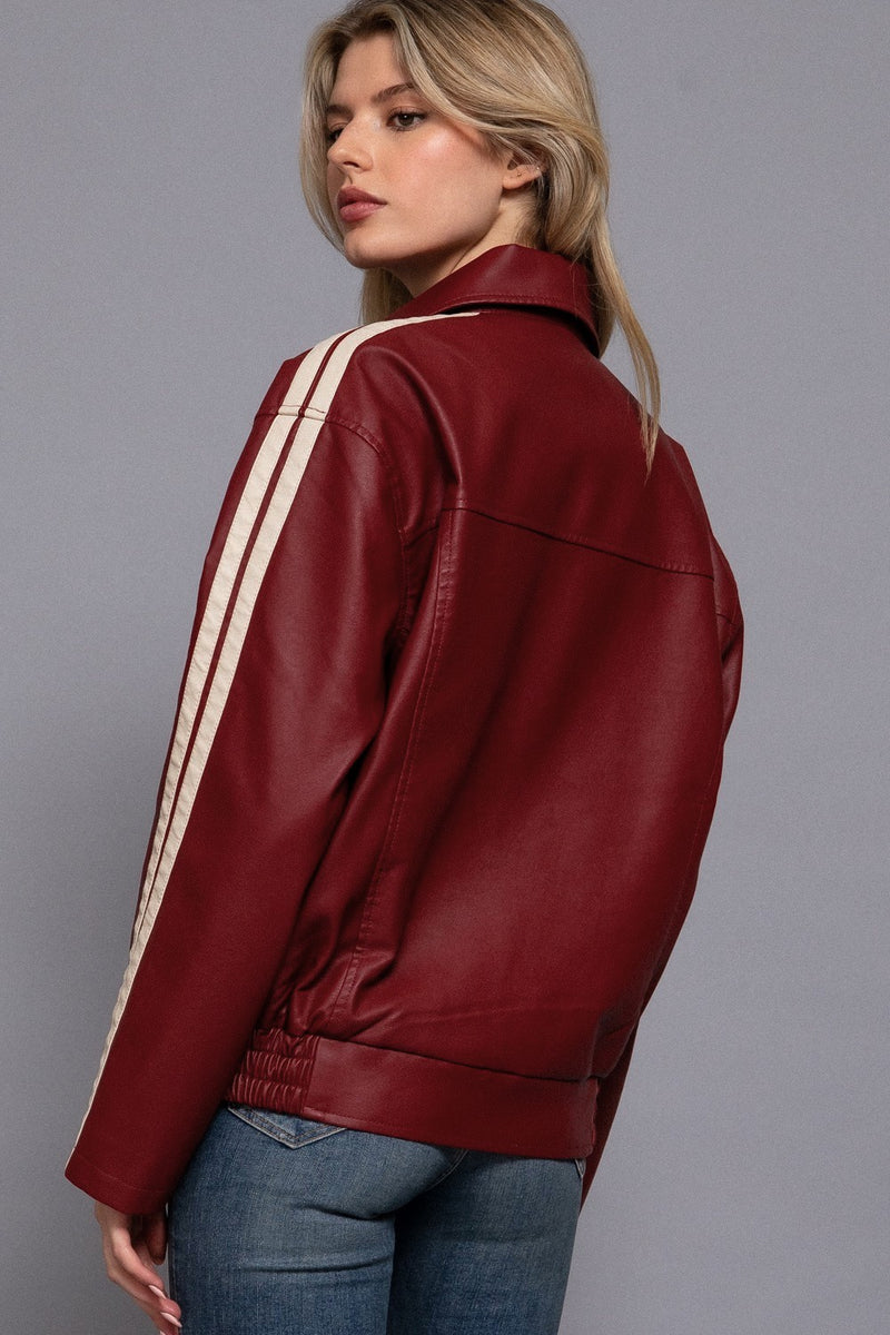 Racer Stripe Faux Leather Jacket