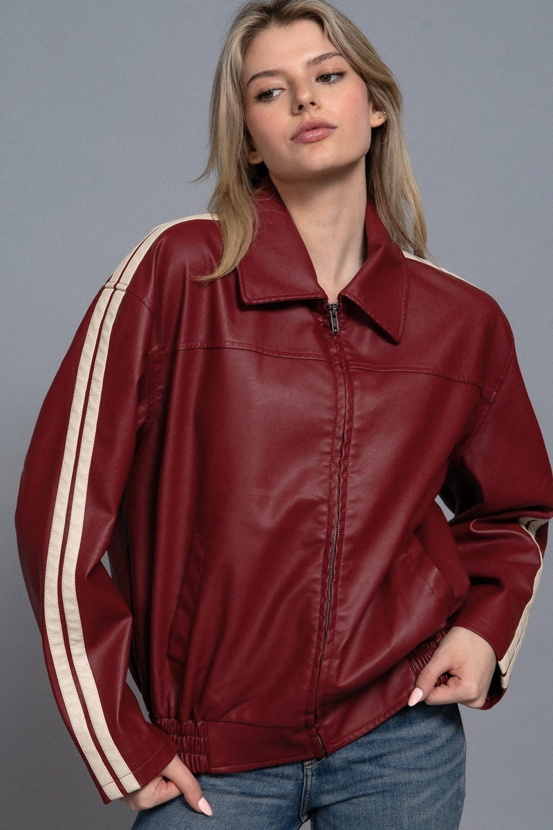 Racer Stripe Faux Leather Jacket