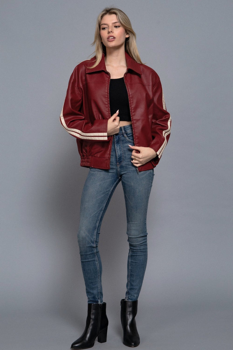 Racer Stripe Faux Leather Jacket