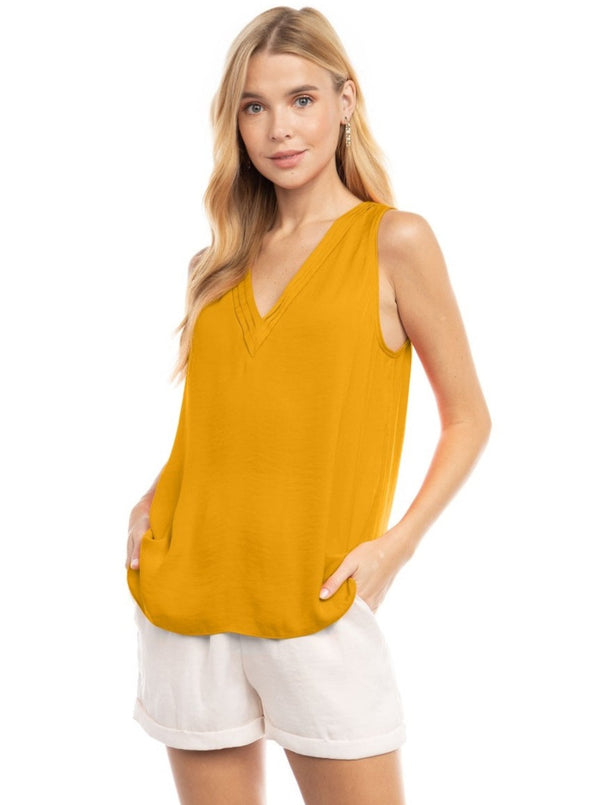 Pleated V-Neck Tank - curry