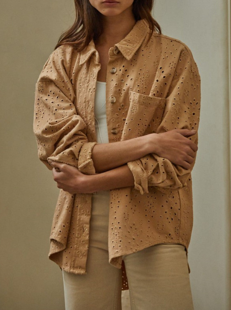 by together Donny Eyelet Shacket, collar, button front, long sleevees, high low rounded hem, chest pocket, camel