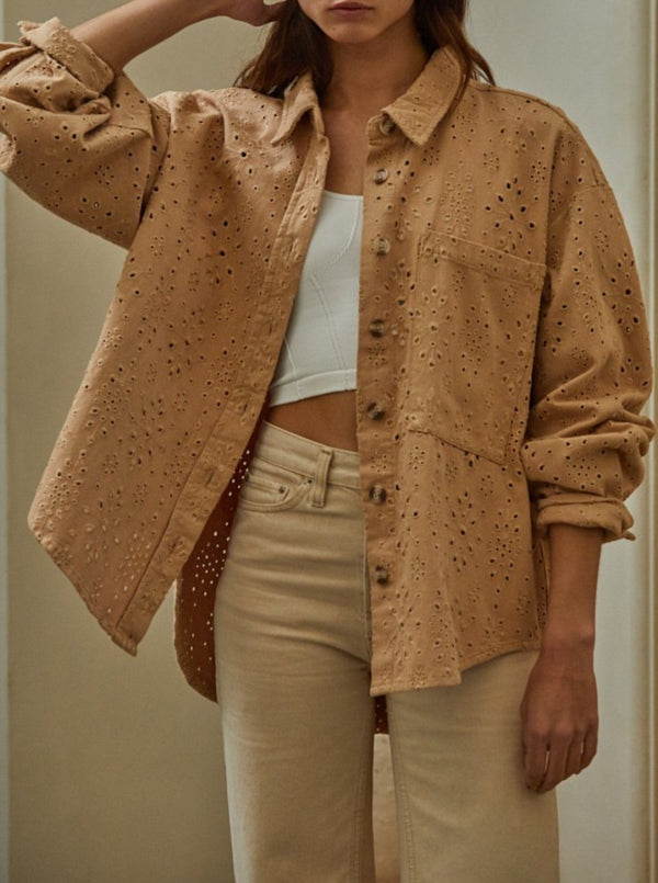 by together Donny Eyelet Shacket, collar, button front, long sleevees, high low rounded hem, chest pocket, camel