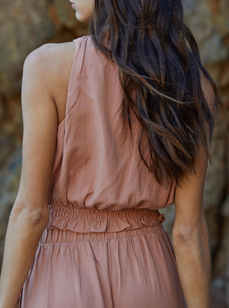 by together kiera woven top, round nekcline, sleeveless, smocked waist, tan