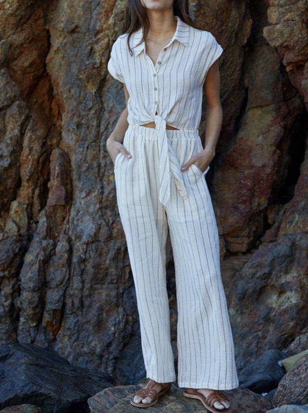 by together stirped jumpsuit, collared, short sleeves, button front, cutout waist with ties, elastic waist, side pockets, ivory, black