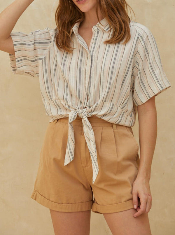 by together Gabbie Stripe Woven Top, bugtton front, collared, short sleeves, tie bottom, cream 