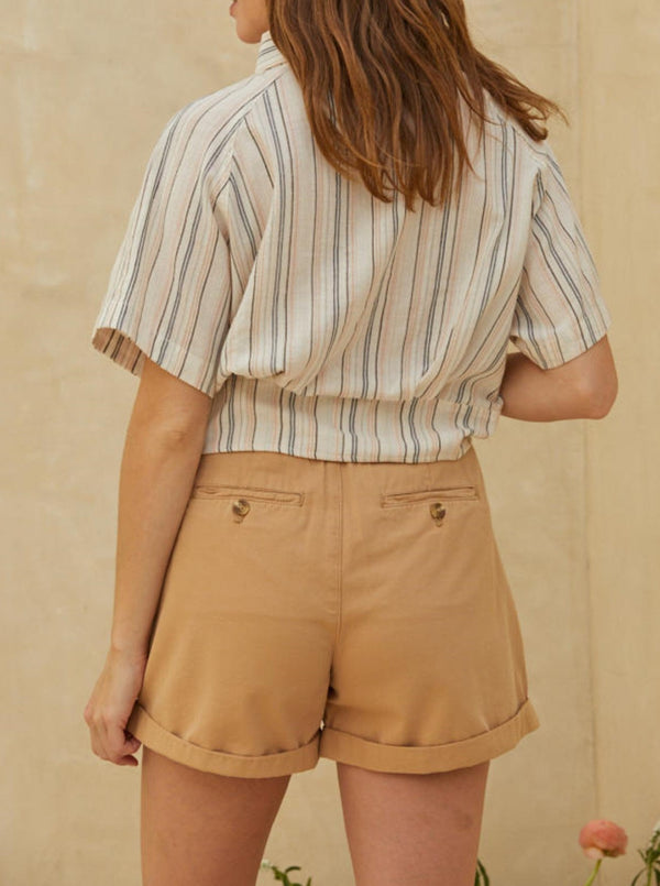 by together Gabbie Stripe Woven Top, bugtton front, collared, short sleeves, tie bottom, cream 