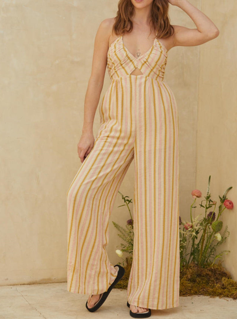 by together berry sundae striped woven jumpsuit, halter neck, side pockets, taupe