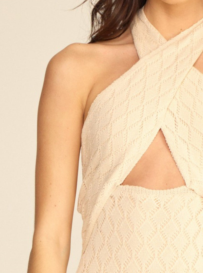 lush knit halter crochet midi dress, crisscross front,cutout front, side slits, fringed hem, cream