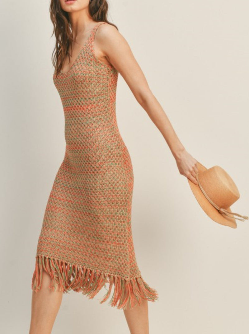 lush crochet knit midi dress, v neck, sleeveless, fringed hem, orange sage multi