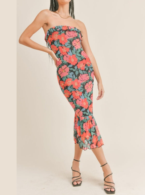 sage the label vintage tropics tube midi dress, strapless with ruffle trim, asymmetric ruffle hem, black floral multi