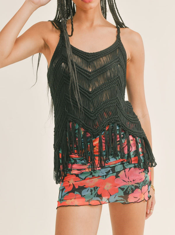 sage the label bohemian macrame cami top, sleeveless, fringed hem, black