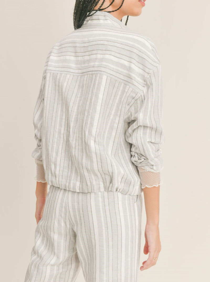 sage the label at sea zip up jacket, drawstring waist, chest pockets, dusty blue stripe 
