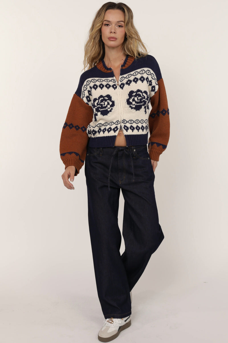 Sweet Rose Jacquard Zip Sweater Jacket