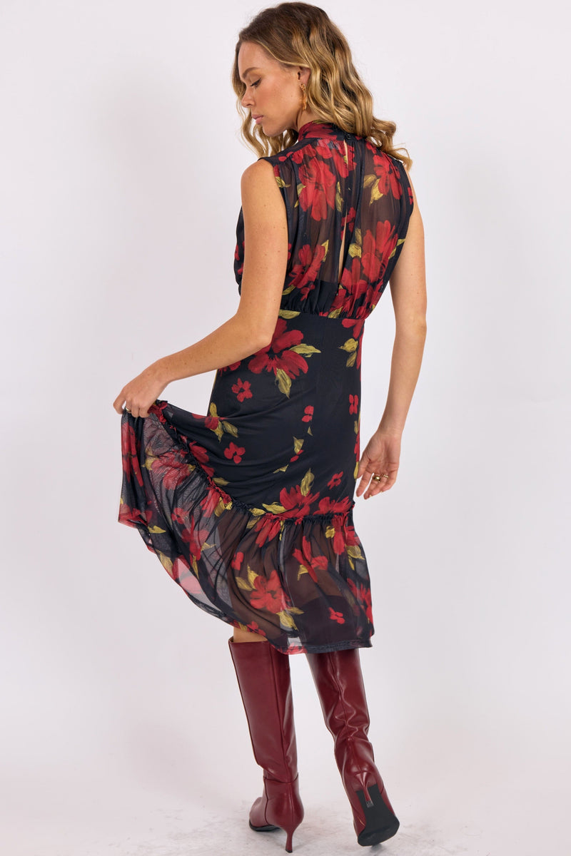 Gypset Glamour Mesh High Neck Midi Dress