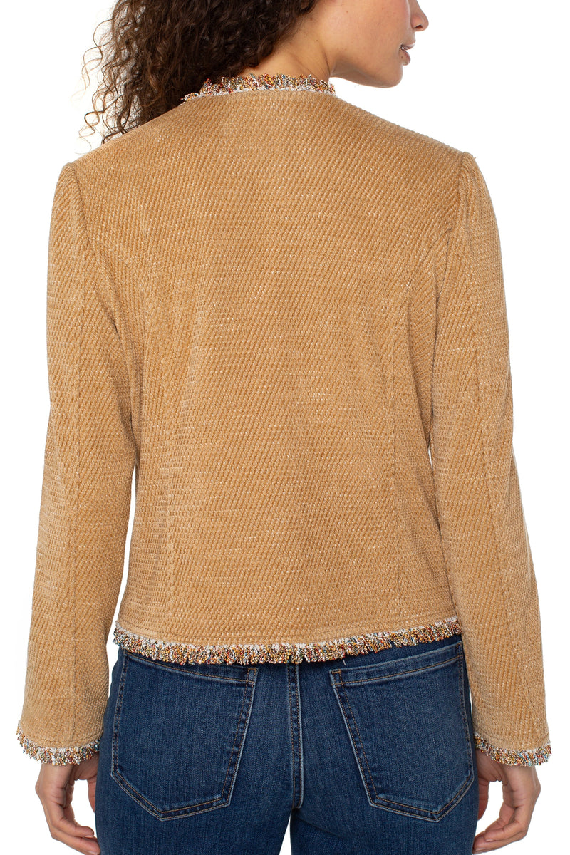 Collarless Jacket With Frayed Edges