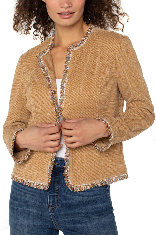 Collarless Jacket With Frayed Edges