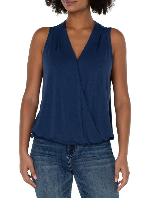 Sleeveless V-neck Drape Front Knit Top - night sky
