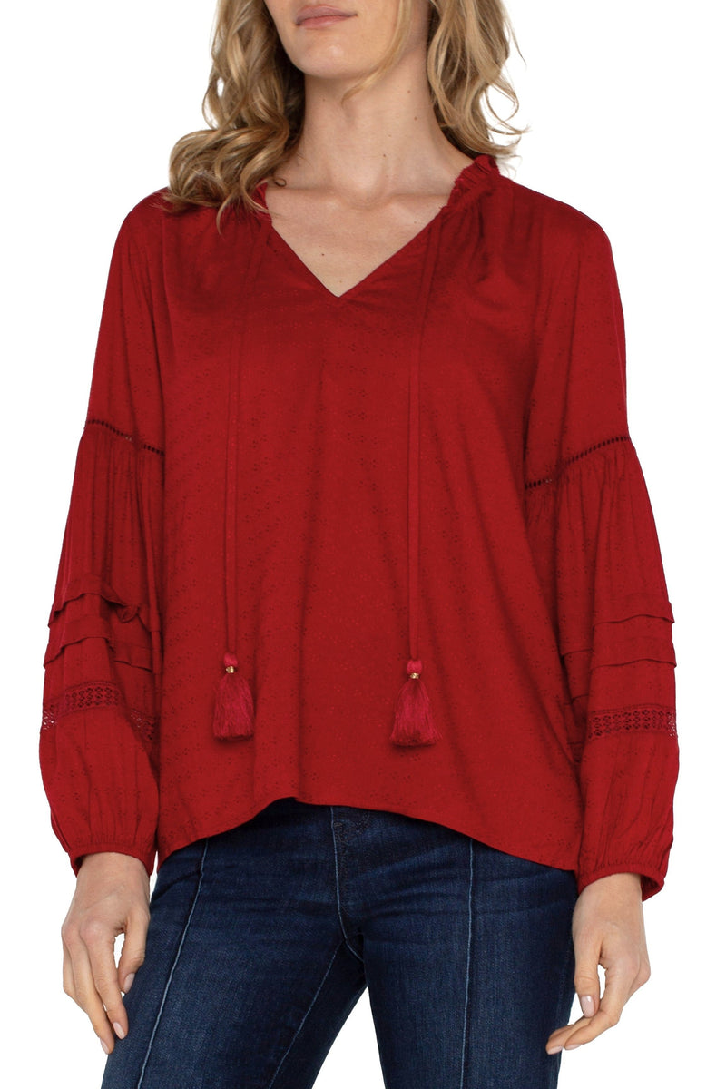 Tie Front Popover Shirred Blouse