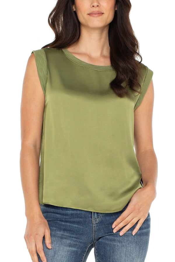 Sleeveless Woven To Knit Top - artichoke