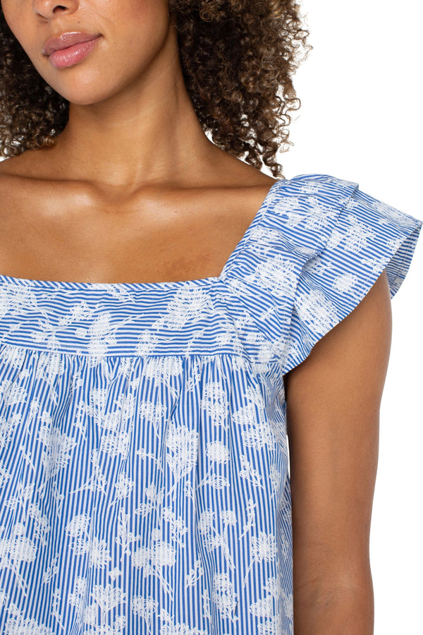 Floral Stripe Square Neck Woven Top
