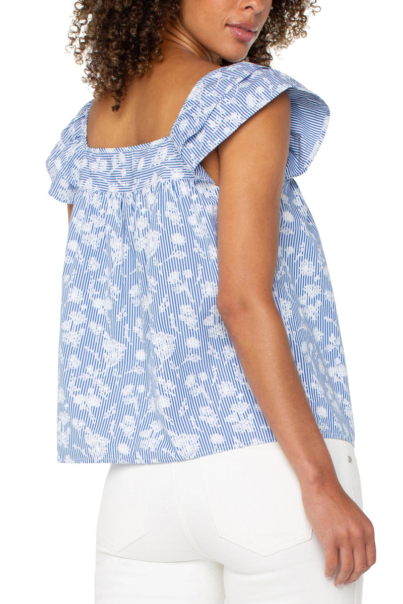 Floral Stripe Square Neck Woven Top
