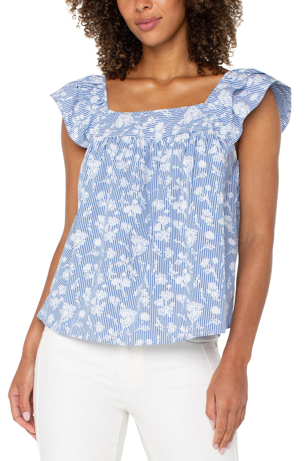 Floral Stripe Square Neck Woven Top