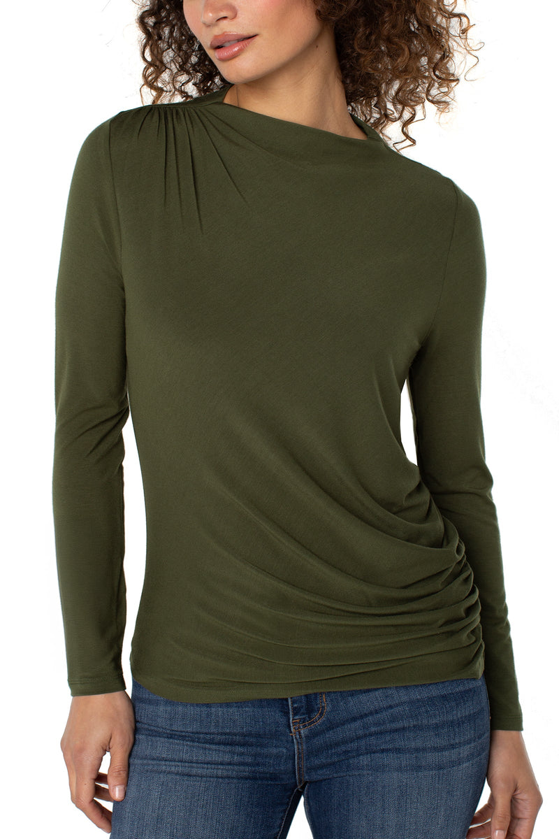 Shirred Mock Neck Knit Top - forest shade