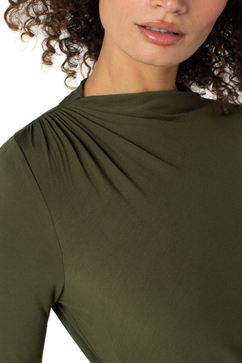 Shirred Mock Neck Knit Top - forest shade