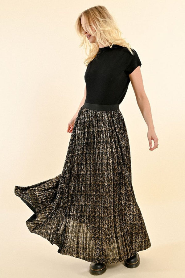 Long Metallic Pleated Skirt