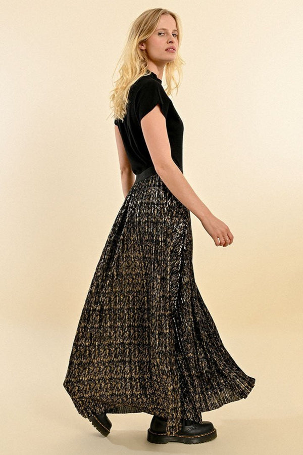 Long Metallic Pleated Skirt