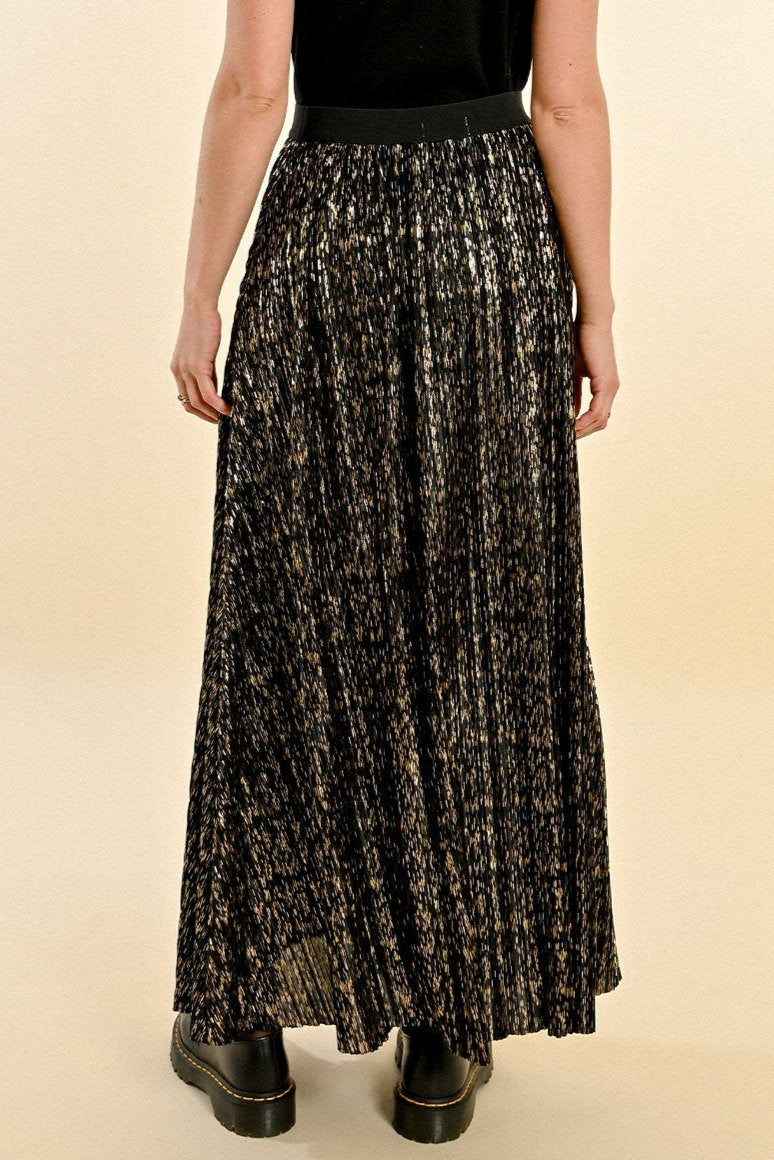 Long Metallic Pleated Skirt