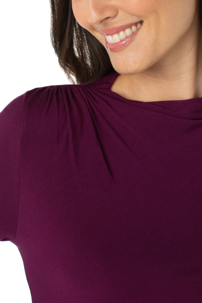 Shirred Mock Neck Knit Top - wine berry
