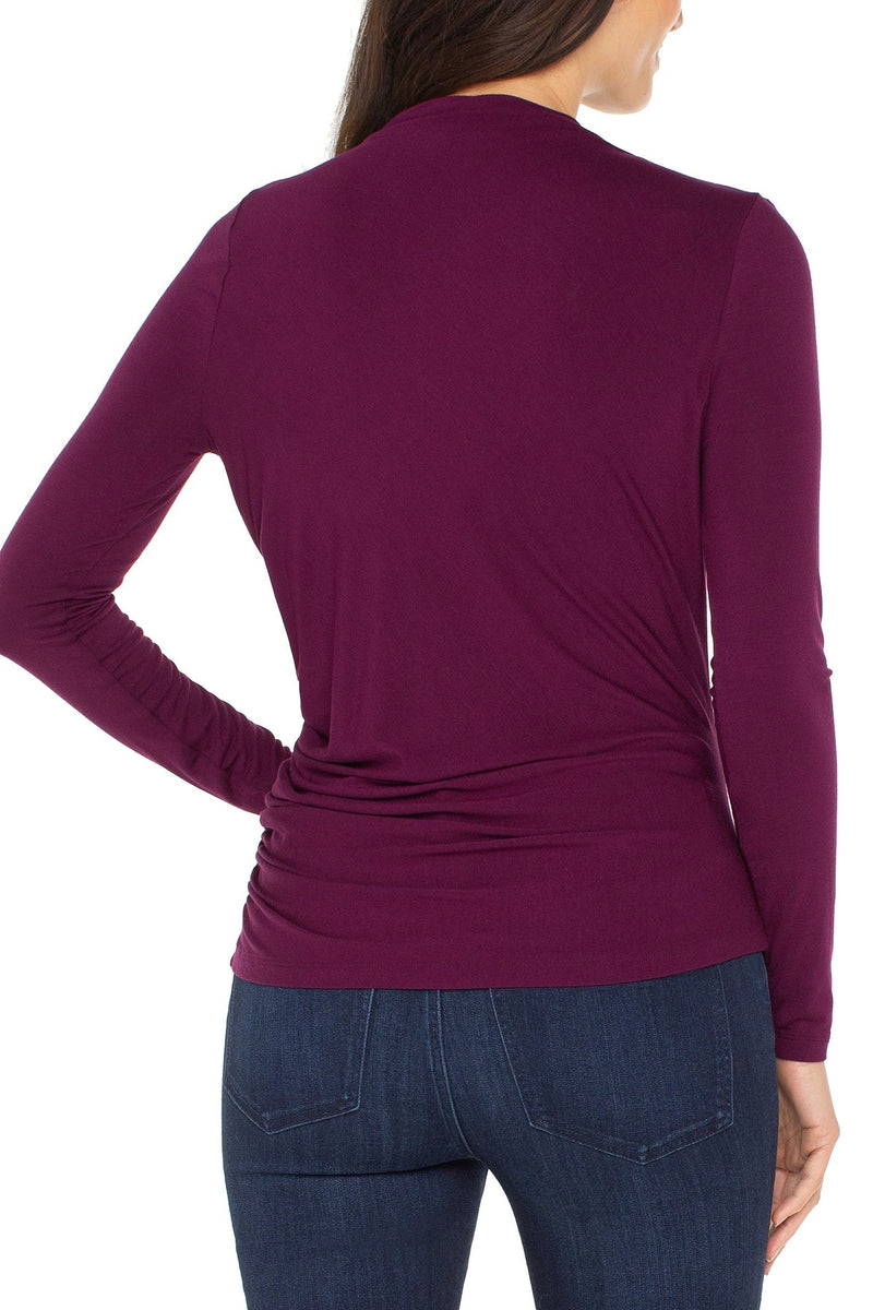 Shirred Mock Neck Knit Top - wine berry