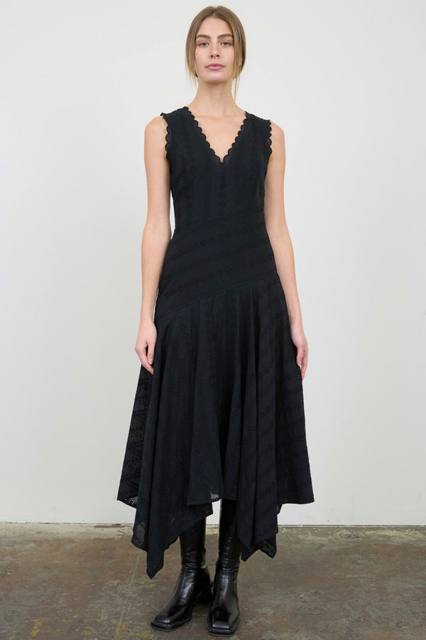 Stripe Eyelet Detail Handkerchief Hem Midi Dress