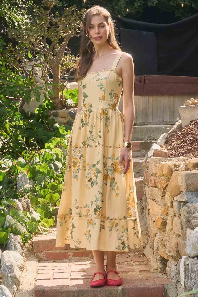square neck floral midi dress Sylina | PINK Hibiscus Floral Print Square-Neck Midi Dress With Drop Waist