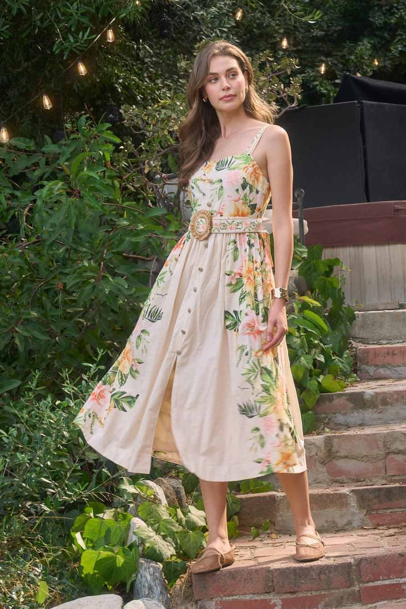 Belted Floral Sleeveless Midi Dress | Moon River