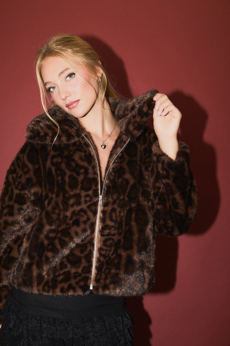 Collared Faux Fur Animal Print Jacket