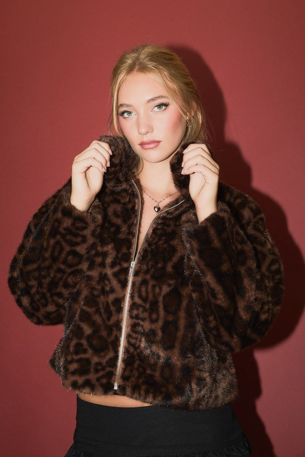 Collared Faux Fur Animal Print Jacket