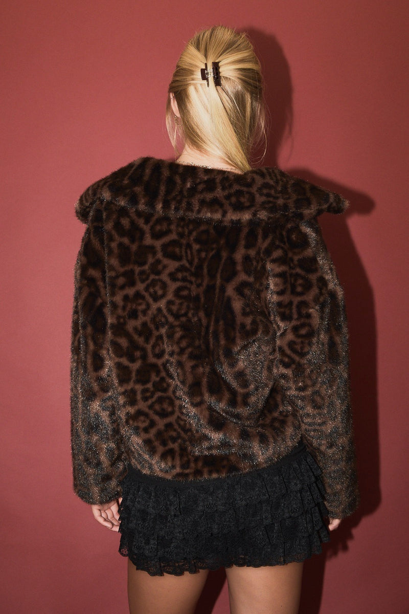 Collared Faux Fur Animal Print Jacket
