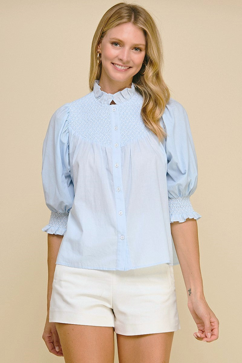 Smocked Ruffle Button Down Shirt