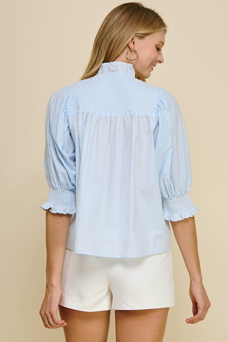 Smocked Ruffle Button Down Shirt