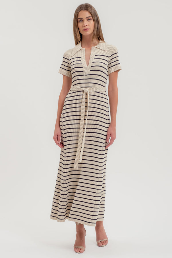 Stripe Crochet Belted Sweater Dress