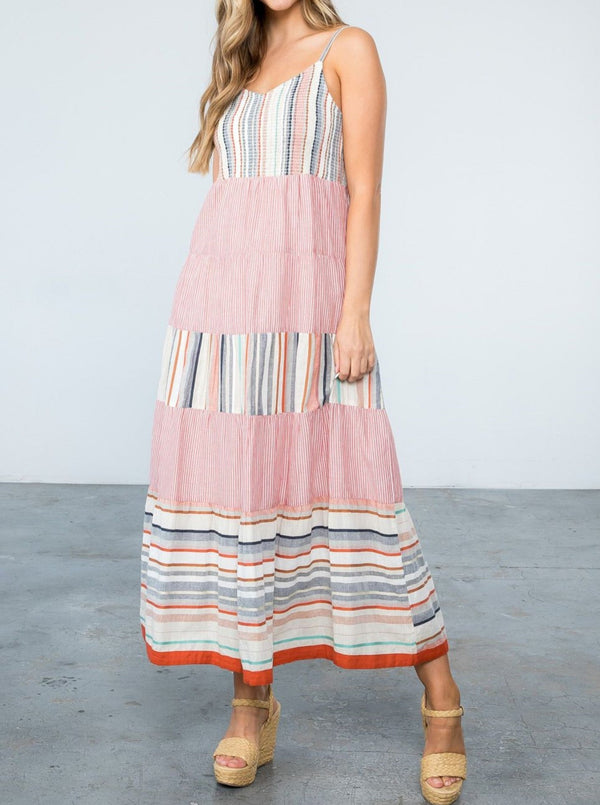 THML smocked mixed media maxi dress, v neck, cami straps, tiered skirt, multi stripe print, creme