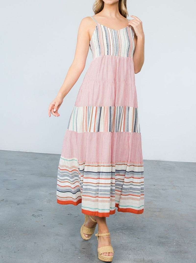 THML smocked mixed media maxi dress, v neck, cami straps, tiered skirt, multi stripe print, creme