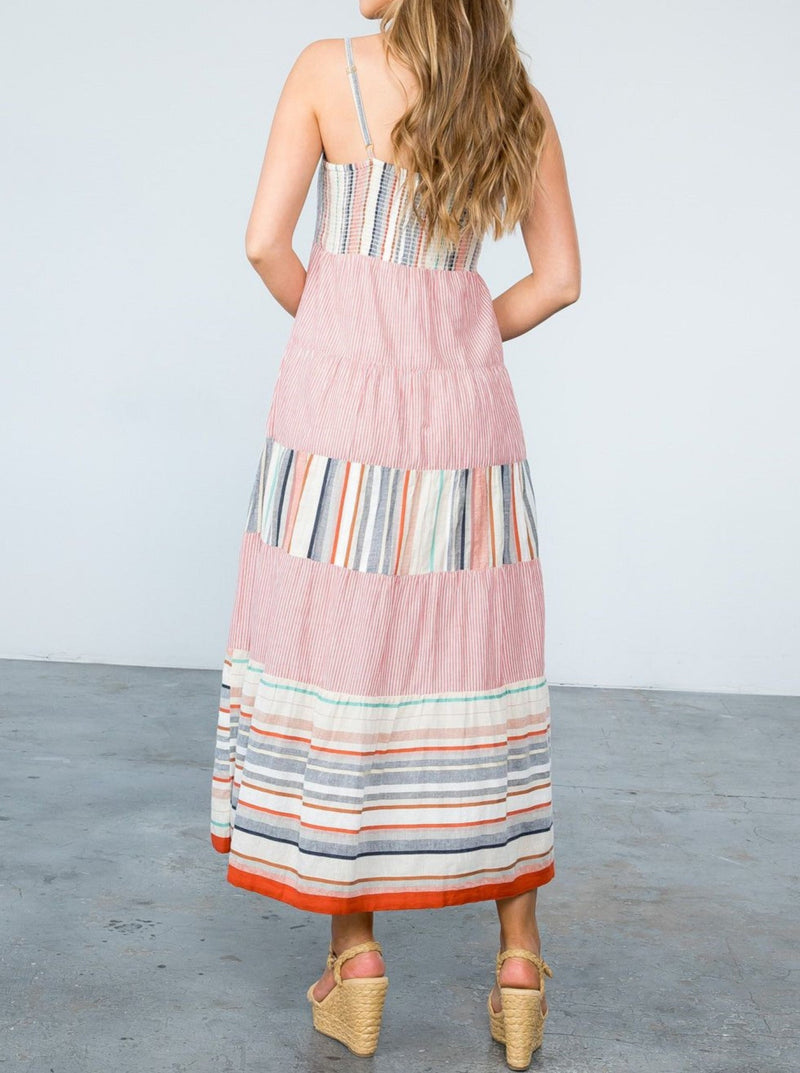 THML smocked mixed media maxi dress, v neck, cami straps, tiered skirt, multi stripe print, creme