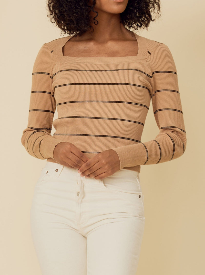 stitches and stripes justine fitted top, square neck, long sleeves, ribbed sweater knit, khaki stripe