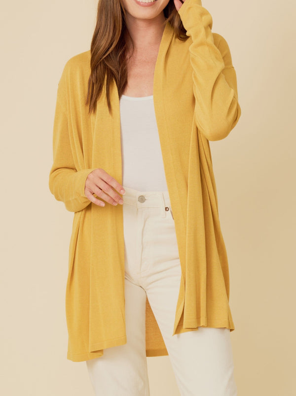 stitches and stripes emory cardigan, open front, no pockets, long sleeves, mustard