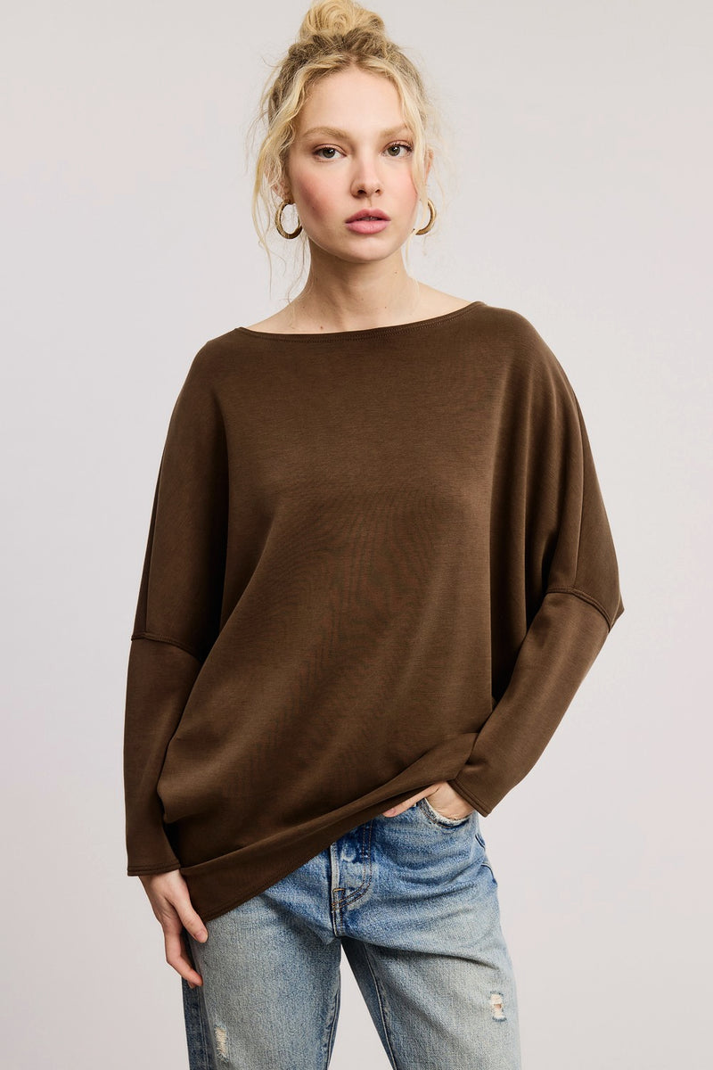 Dolman Sleeve Scuba Tunic Top - brown